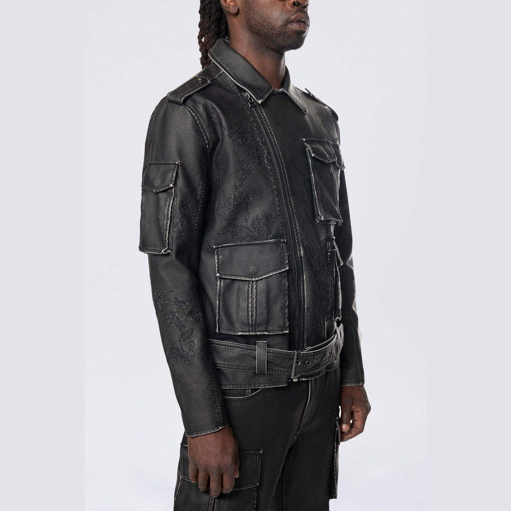 Smoke Rise Washed Vegan Leather Biker Jacket - Washed Black