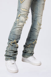 Lazy Stacked Western Studded Denim Jeans - Milky Blue