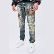 Smoke Rise Slim Varsity Patch Jeans - Alley Blue