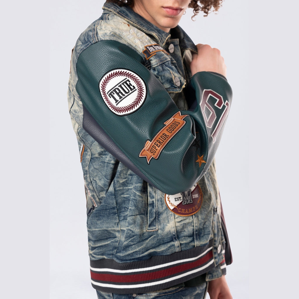 Smoke Rise Vegan Leather Sleeve Varsity Denim Jacket - Alley Blue