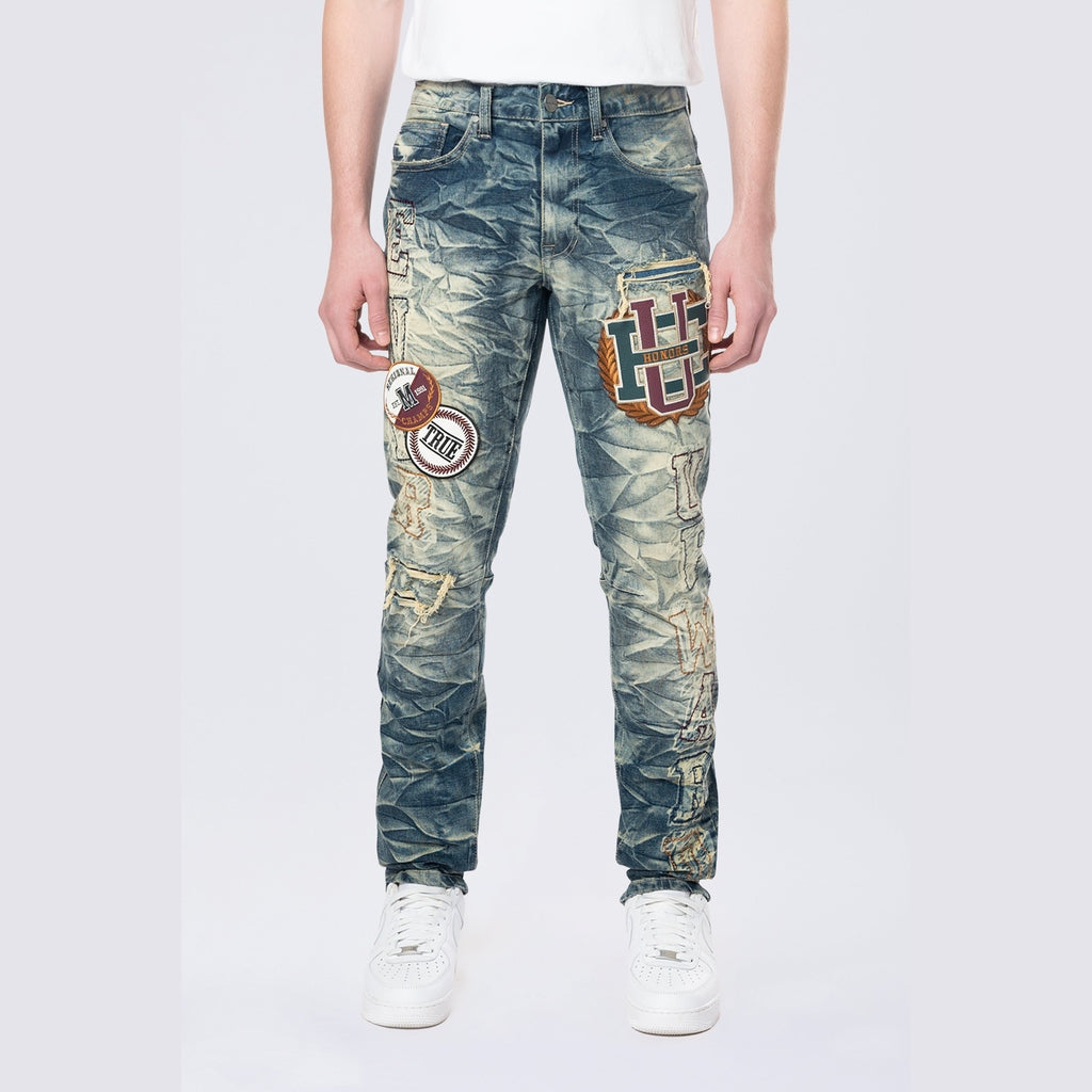 Smoke Rise Slim Varsity Patch Jeans - Alley Blue