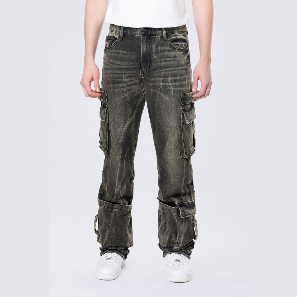 Smoke Rise Straight Cargo Strap Jeans - Black Dust