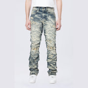 Smoke Rise Long Straight Pinched Lightning Effect Jeans - Blue Toast