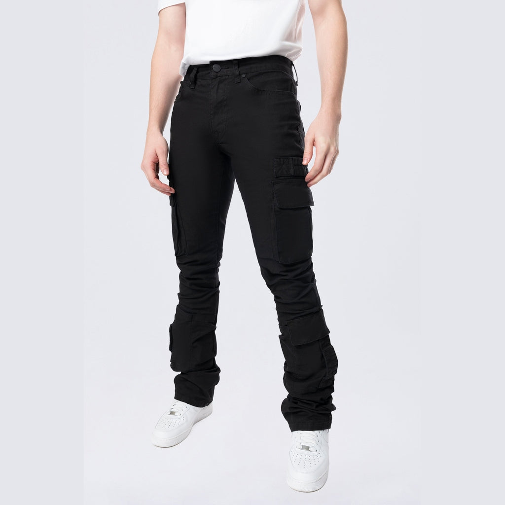 Smoke Rise Stacked Flared Cargo Strap Canvas Pants - Black