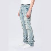 Smoke Rise Stacked Flared Multi Pocket Cargo Jeans - Syosett Blue