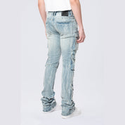 Smoke Rise Stacked Flared Multi Pocket Cargo Jeans - Syosett Blue