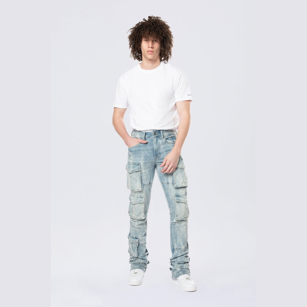 Smoke Rise Stacked Flared Multi Pocket Cargo Jeans - Syosett Blue