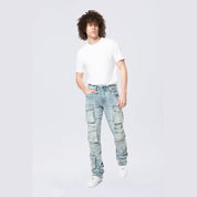 Smoke Rise Stacked Flared Multi Pocket Cargo Jeans - Syosett Blue