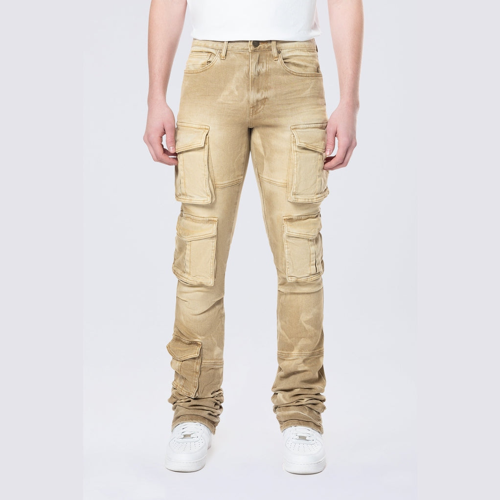 Smoke Rise Stacked Flared Multi Pocket Cargo Jeans - Brulee