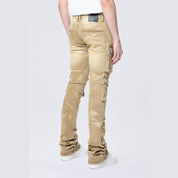 Smoke Rise Stacked Flared Multi Pocket Cargo Jeans - Brulee