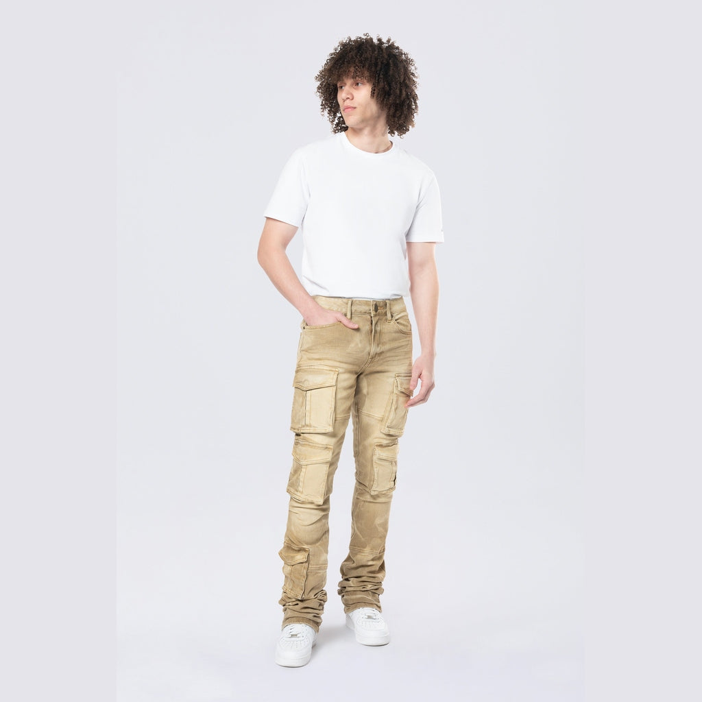 Smoke Rise Stacked Flared Multi Pocket Cargo Jeans - Brulee