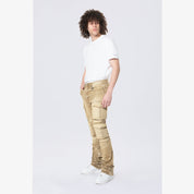 Smoke Rise Stacked Flared Multi Pocket Cargo Jeans - Brulee