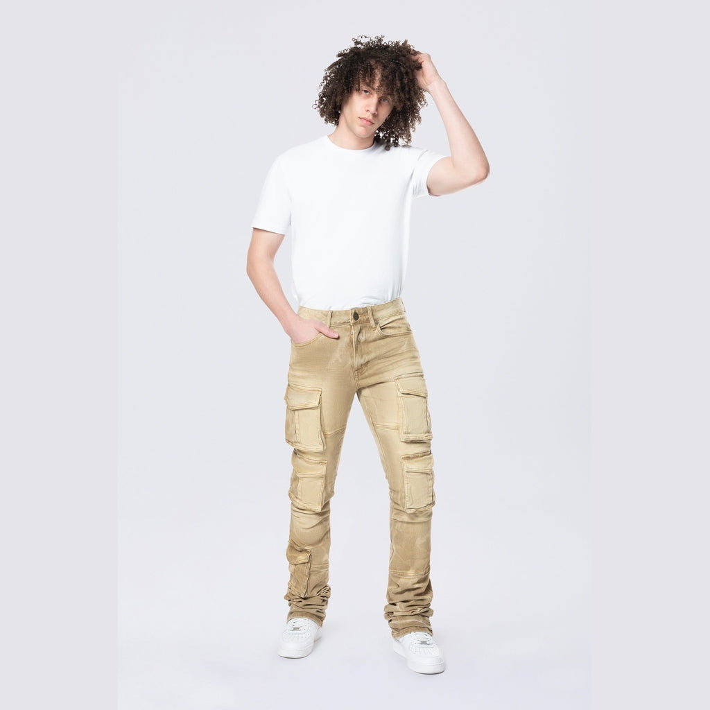 Smoke Rise Stacked Flared Multi Pocket Cargo Jeans - Brulee