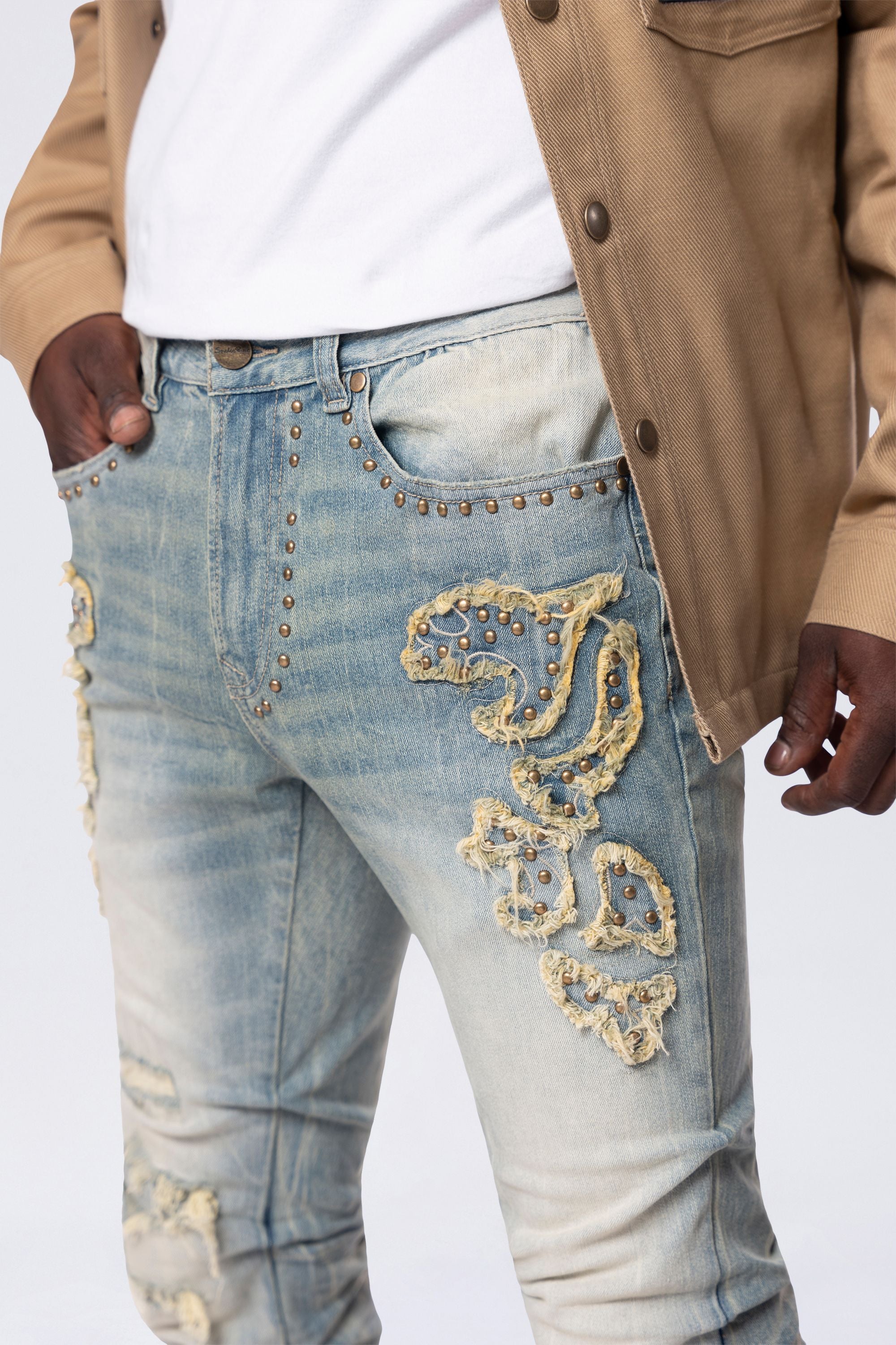 Lazy Stacked Western Studded Denim Jeans - Milky Blue