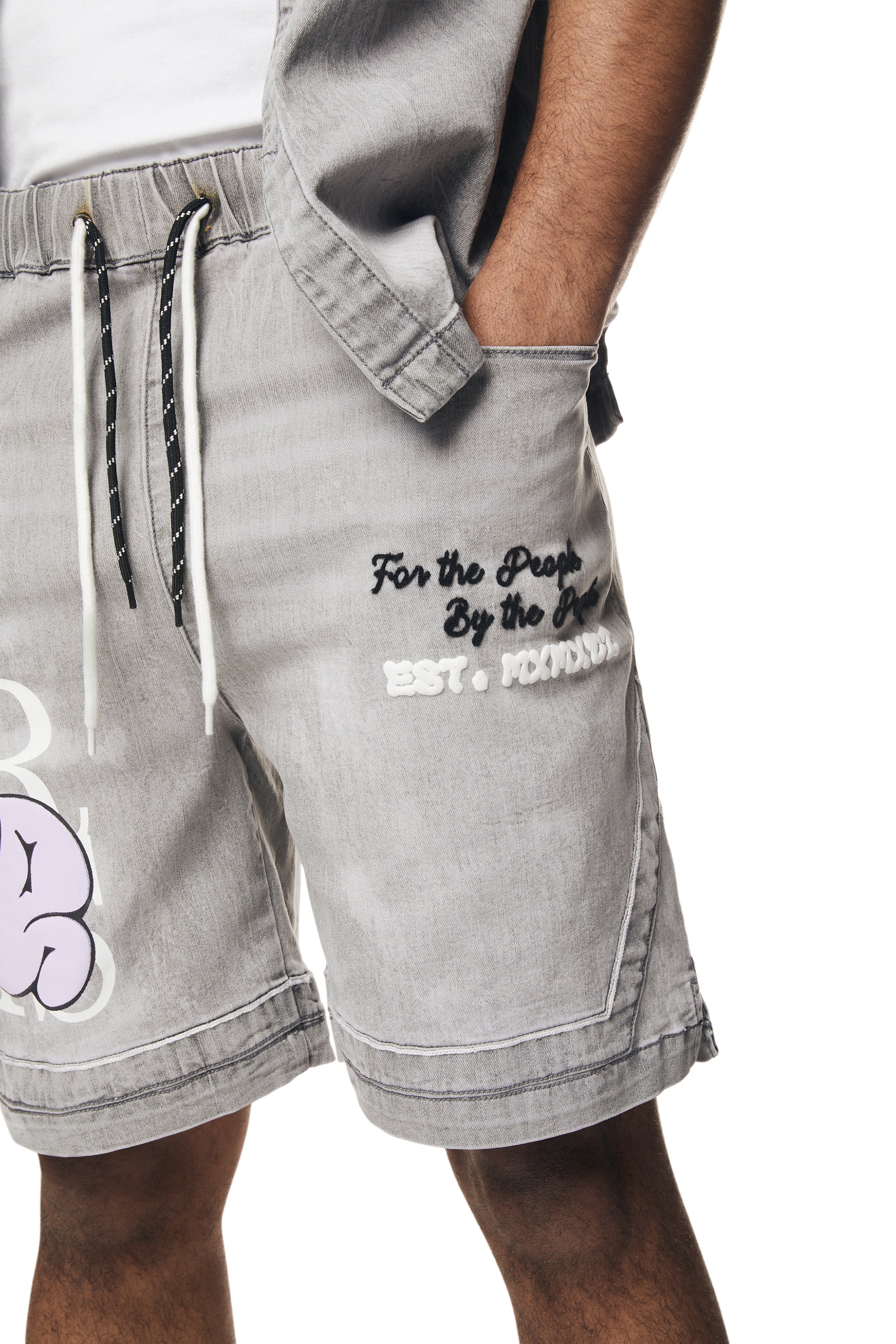 Puff Printed Graphic Resort Denim Shorts - Smoke Grey