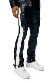 Vegan Leather Stacked Striped Cargo Pants - Black
