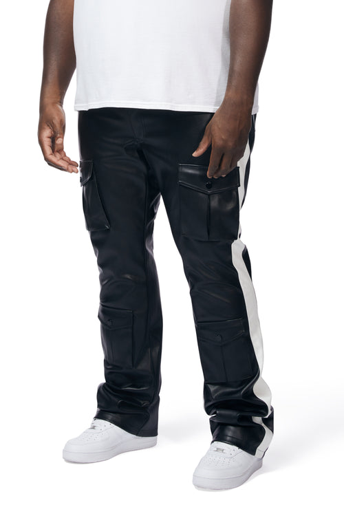 Big And Tall Vegan Leather Stacked Striped Cargo Pants - Black