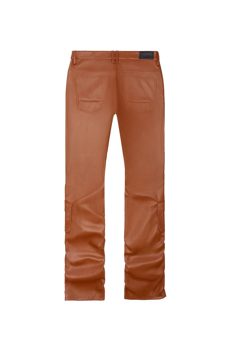 Vegan Leather Stacked Utility Pants - Cognac
