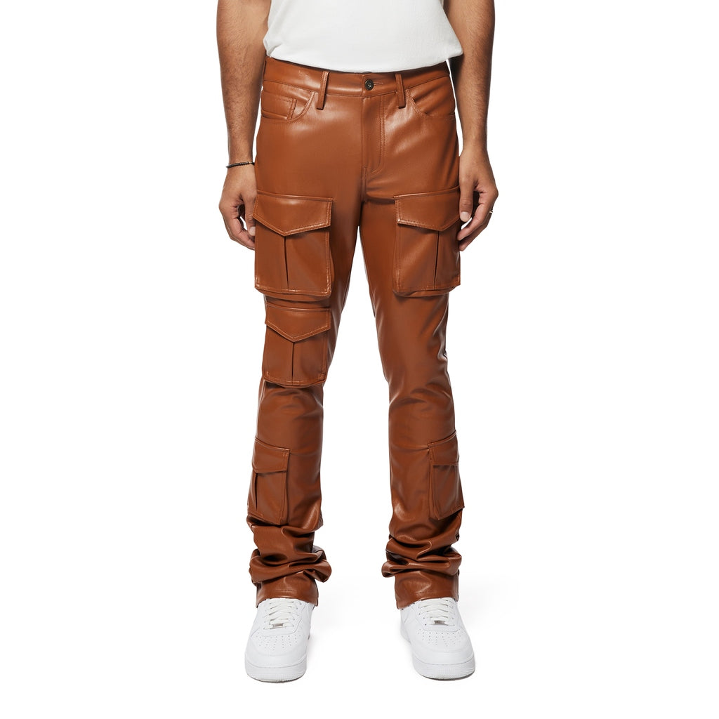 Smoke Rise Vegan Leather Stacked Utility Pants - Cognac