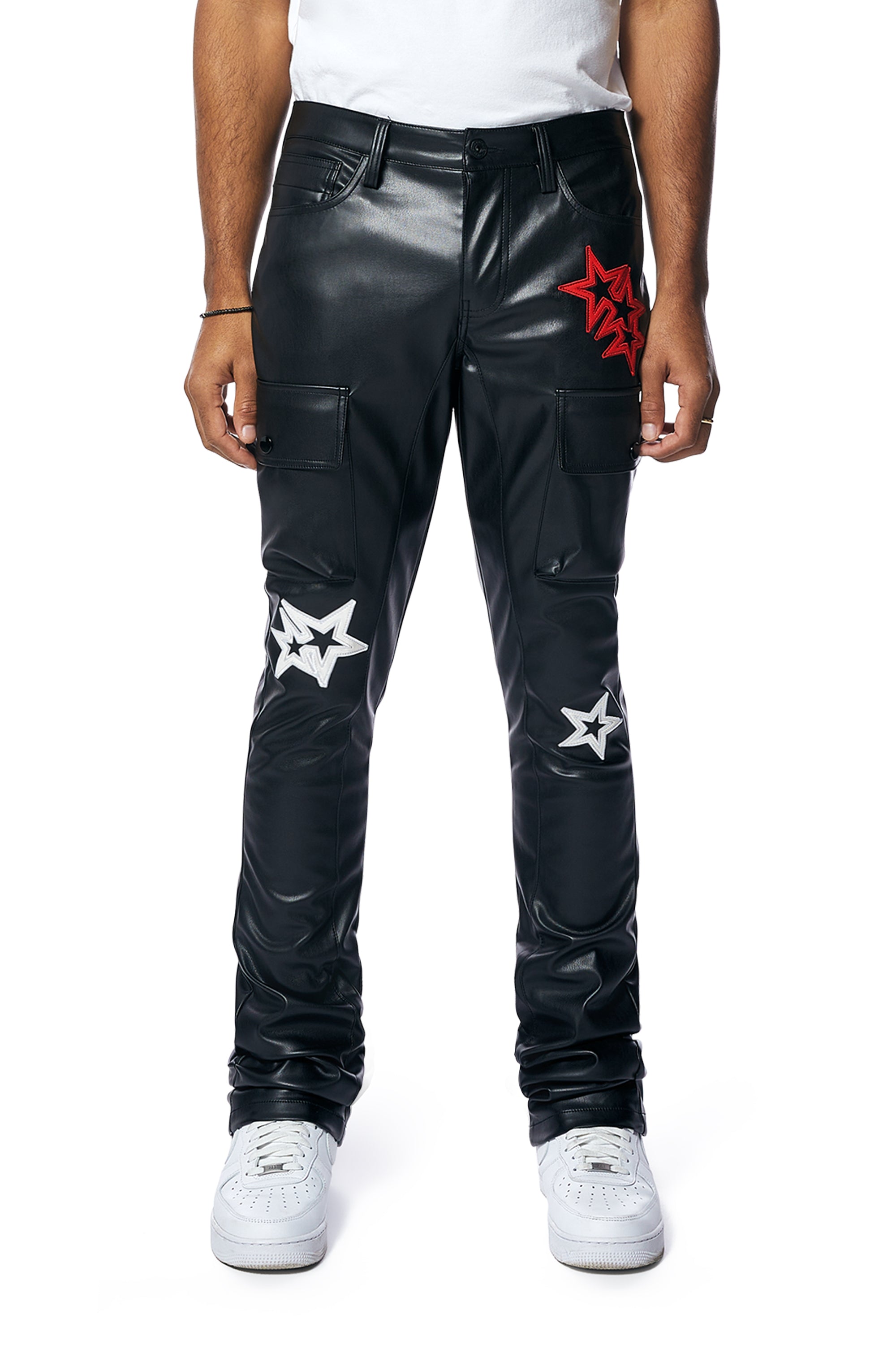 3D Embroidered Cargo Vegan Leather Pants - Black