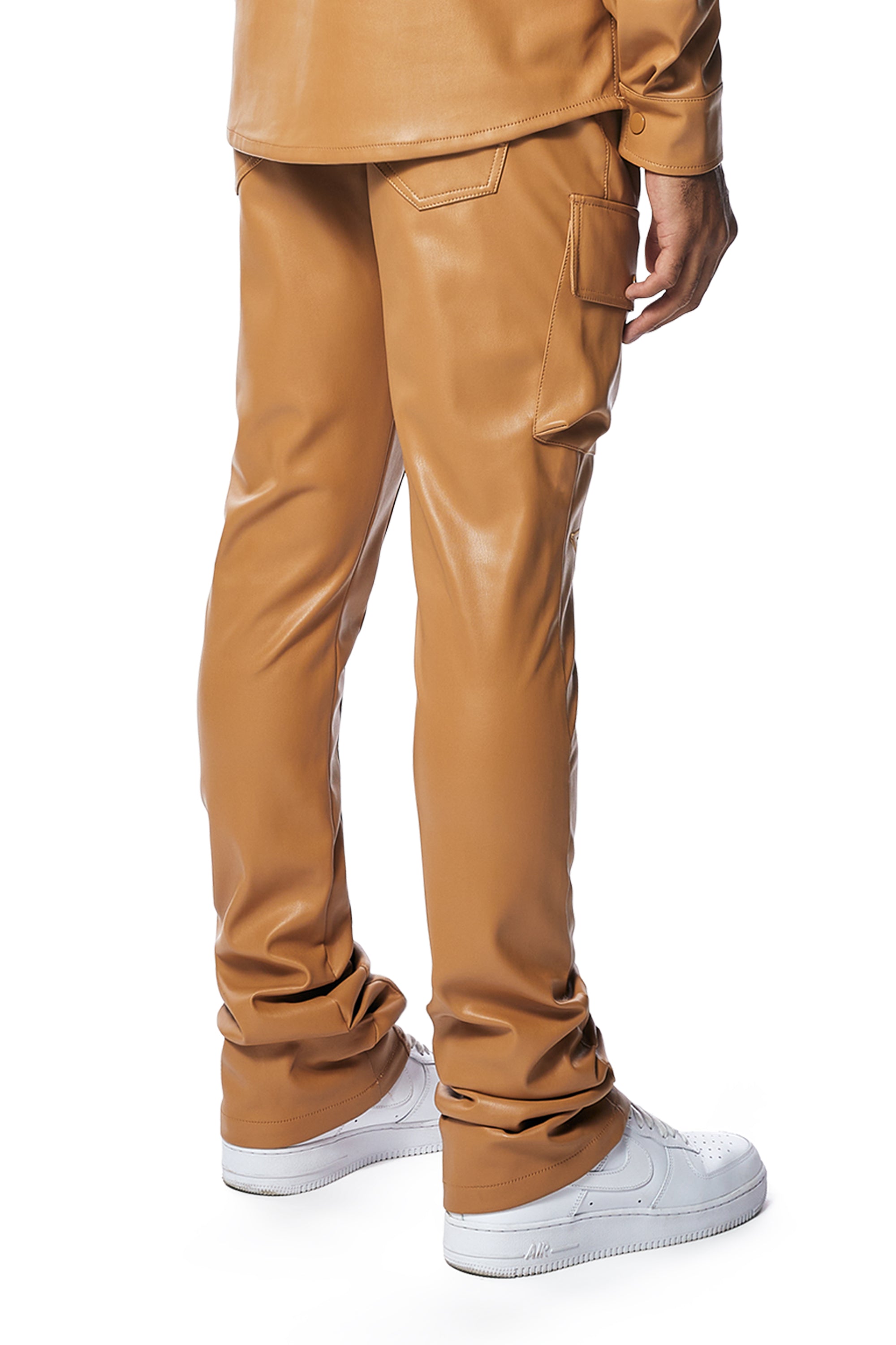 3D Embroidered Cargo Vegan Leather Pants - Tan