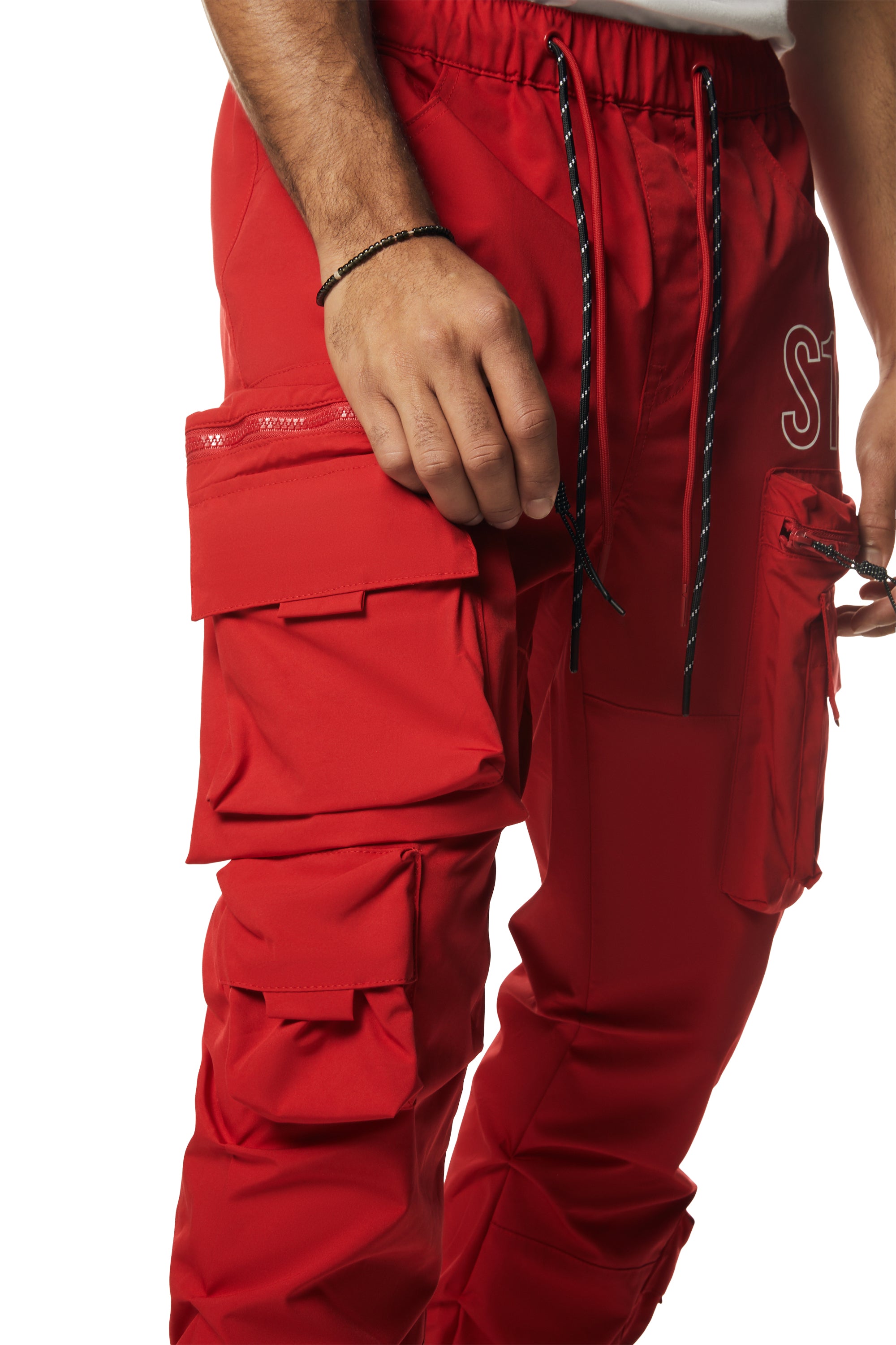 Utility Cargo Stacked Windbreaker Pants - Red