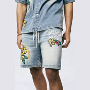 Smoke Rise Tropical Doodle Denim Shorts - Malibu Blue