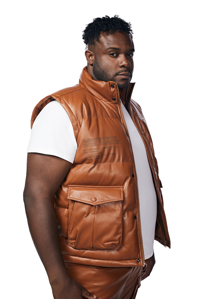 Big And Tall Utility Vegan Leather Vest - Cognac