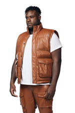 Big And Tall Utility Vegan Leather Vest - Cognac