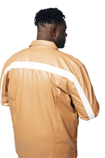 Big And Tall Vegan Leather Striped Overshirt - Tan