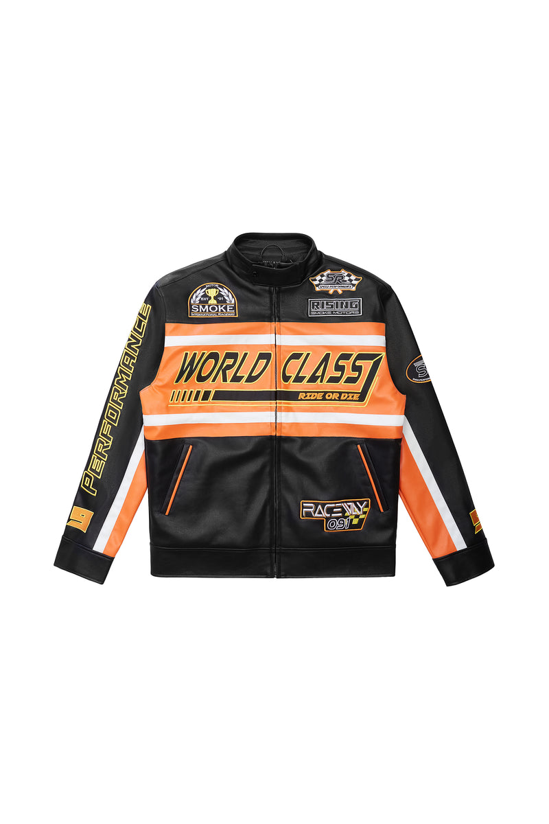 Vegan Leather Racing Jacket - Orange