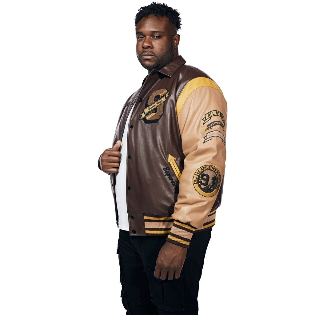 Smoke Rise Big and Tall Big And Tall Vegan Leather Varsity Jacket - Brown