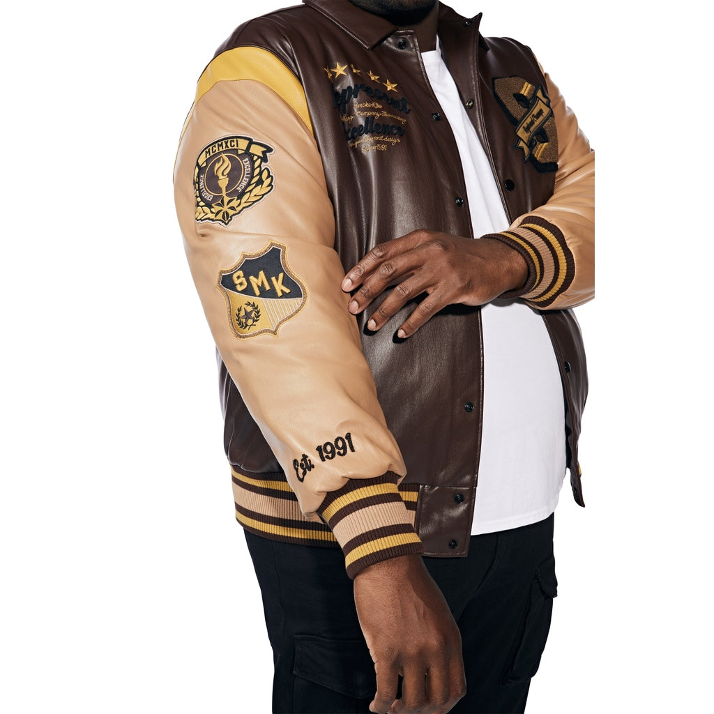 Smoke Rise Big and Tall Big And Tall Vegan Leather Varsity Jacket - Brown