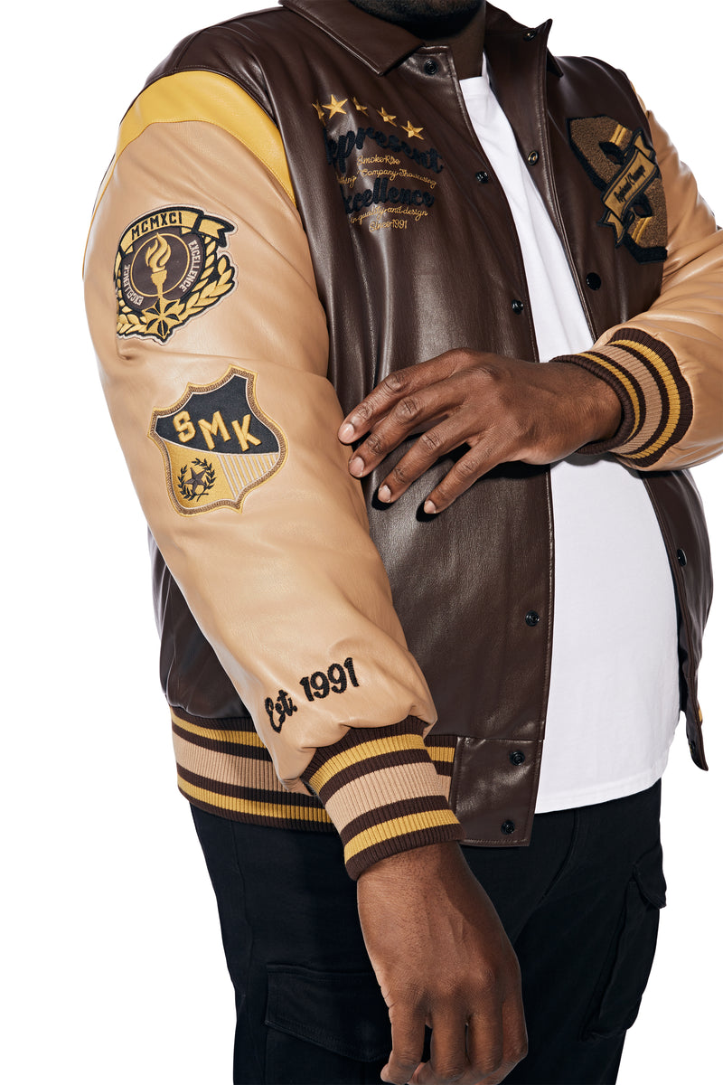 Big And Tall Vegan Leather  Varsity Jacket - Brown
