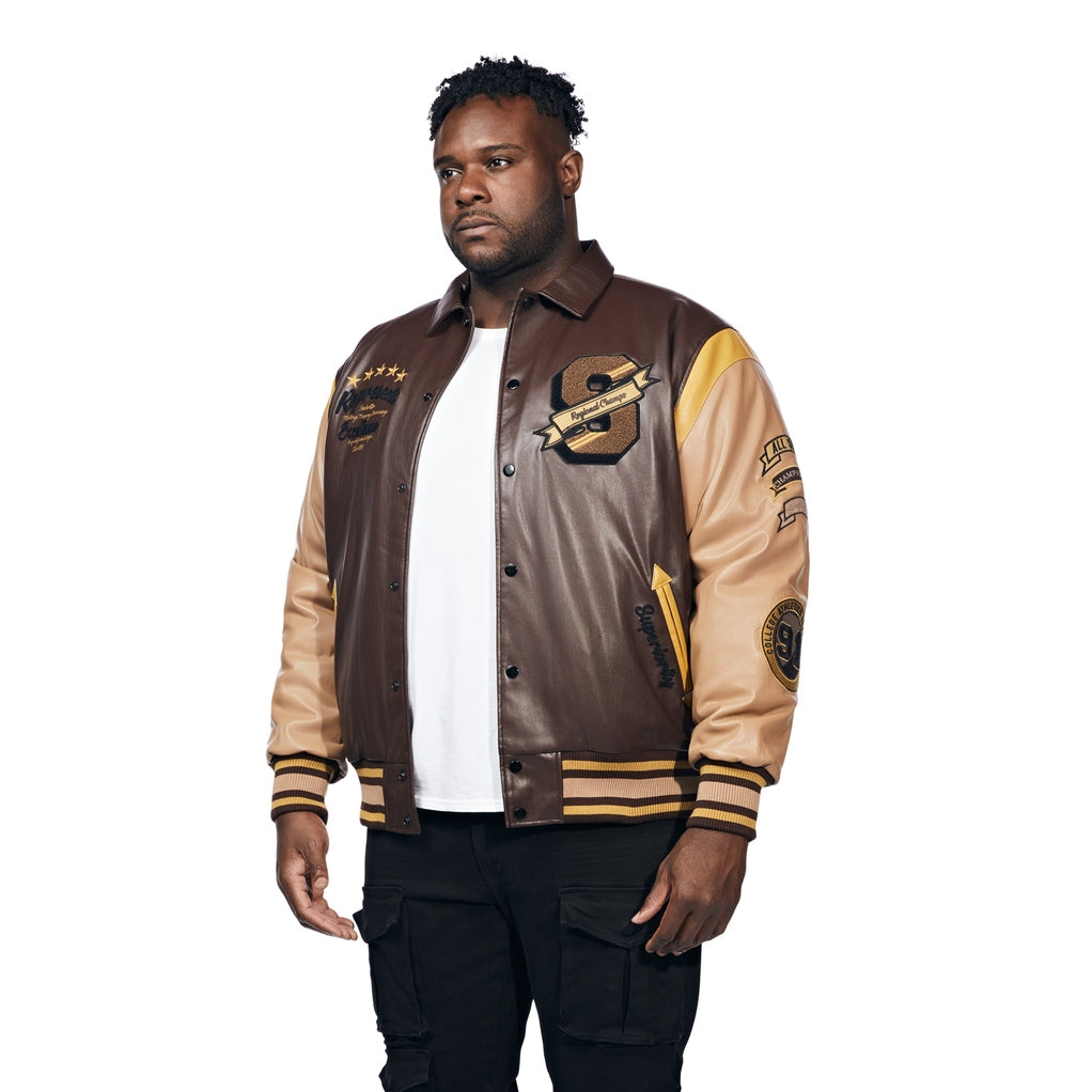 Smoke Rise Big and Tall Big And Tall Vegan Leather Varsity Jacket - Brown