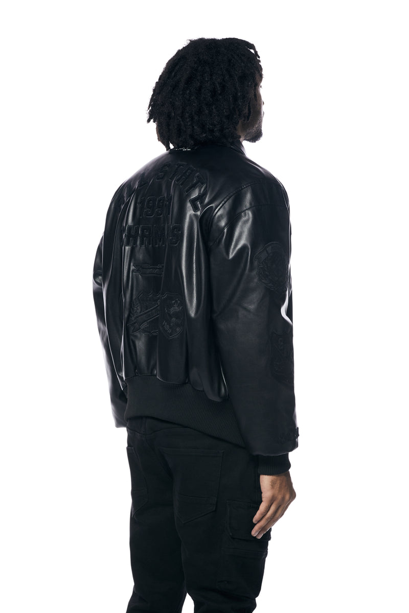 Vegan Leather Varsity Jacket - Black