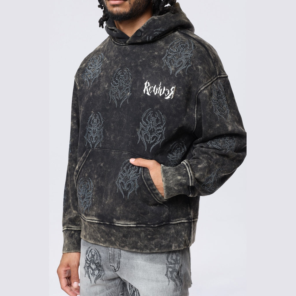 Smoke Rise Rhinestone Printed Collar Hoodie - Black