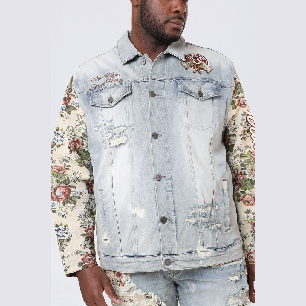 Smoke Rise Big and Tall Big and Tall - Tapestry Sleeve Denim Jacket - Seville Blue