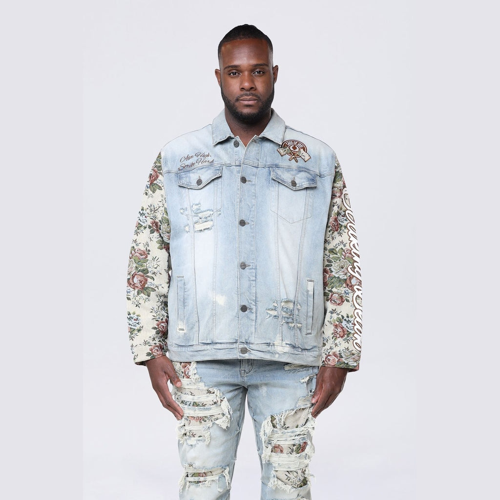 Smoke Rise Big and Tall Big and Tall - Tapestry Sleeve Denim Jacket - Seville Blue