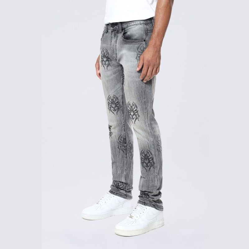 Smoke Rise Slim Spider Rhinestone Jeans - Pluto Grey