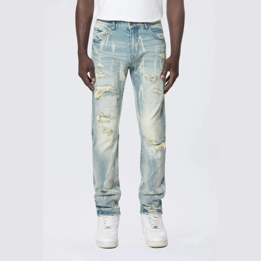 Smoke Rise Slim Rip & Repair Vertical Lightning Effect Jeans - Seymour Blue