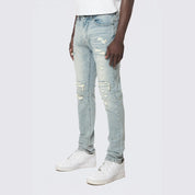 Smoke Rise Slim Tapered Rip & Repaired Colored Jeans - Natick Blue