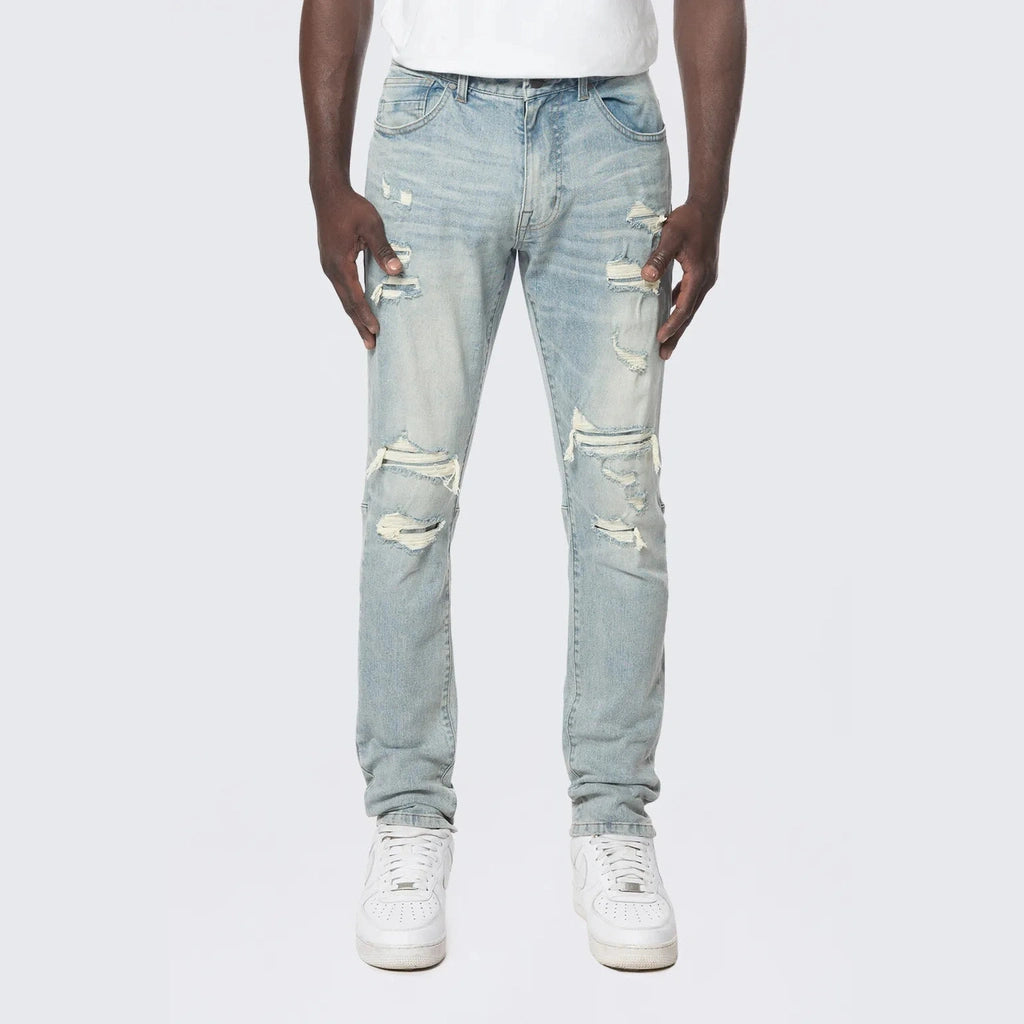 Smoke Rise Slim Tapered Rip & Repaired Colored Jeans - Natick Blue