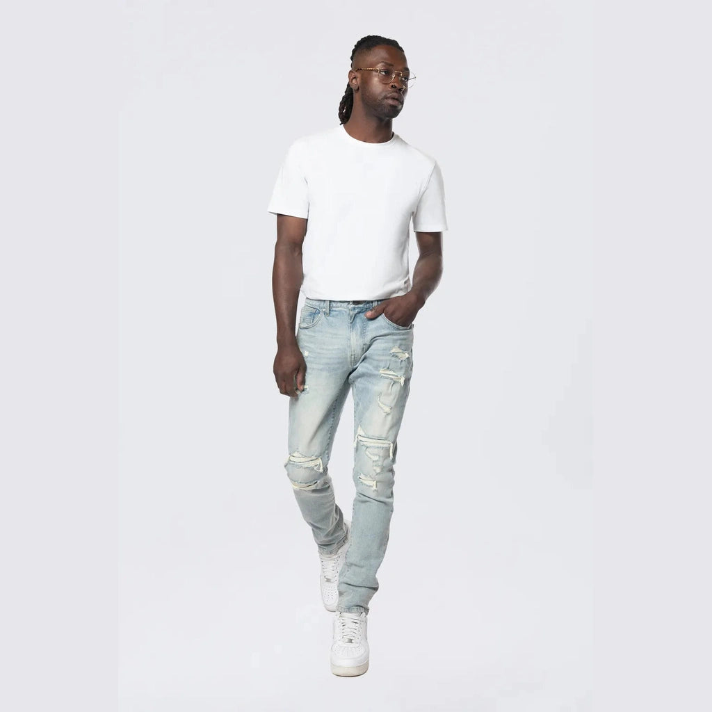 Smoke Rise Slim Tapered Rip & Repaired Colored Jeans - Natick Blue