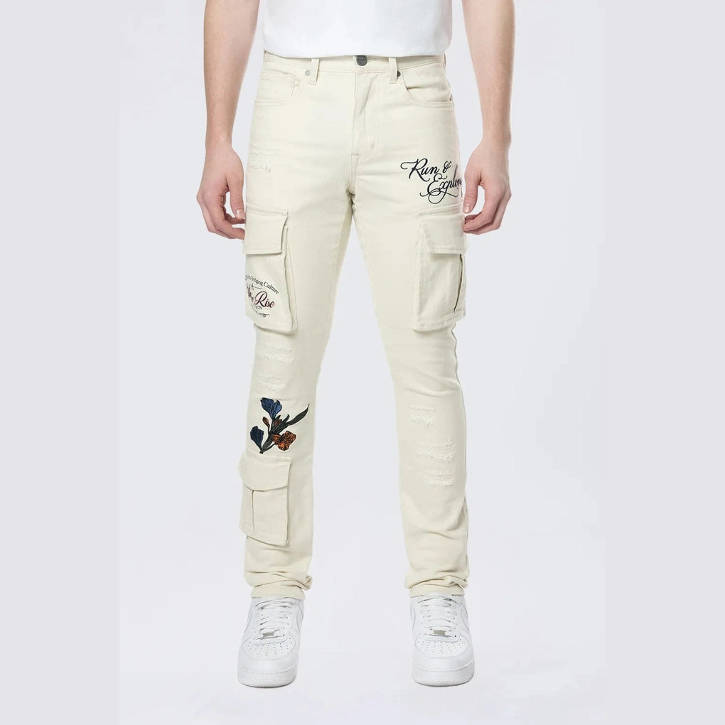 Smoke Rise Slim Tapered Embroidered Cargo Twill Pants - Ecru