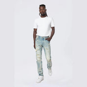 Smoke Rise Slim Rip & Repair Vertical Lightning Effect Jeans - Seymour Blue