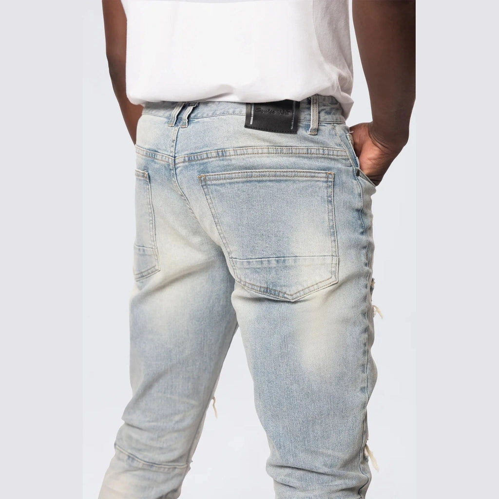 Smoke Rise Slim Tapered Rip & Repaired Colored Jeans - Natick Blue