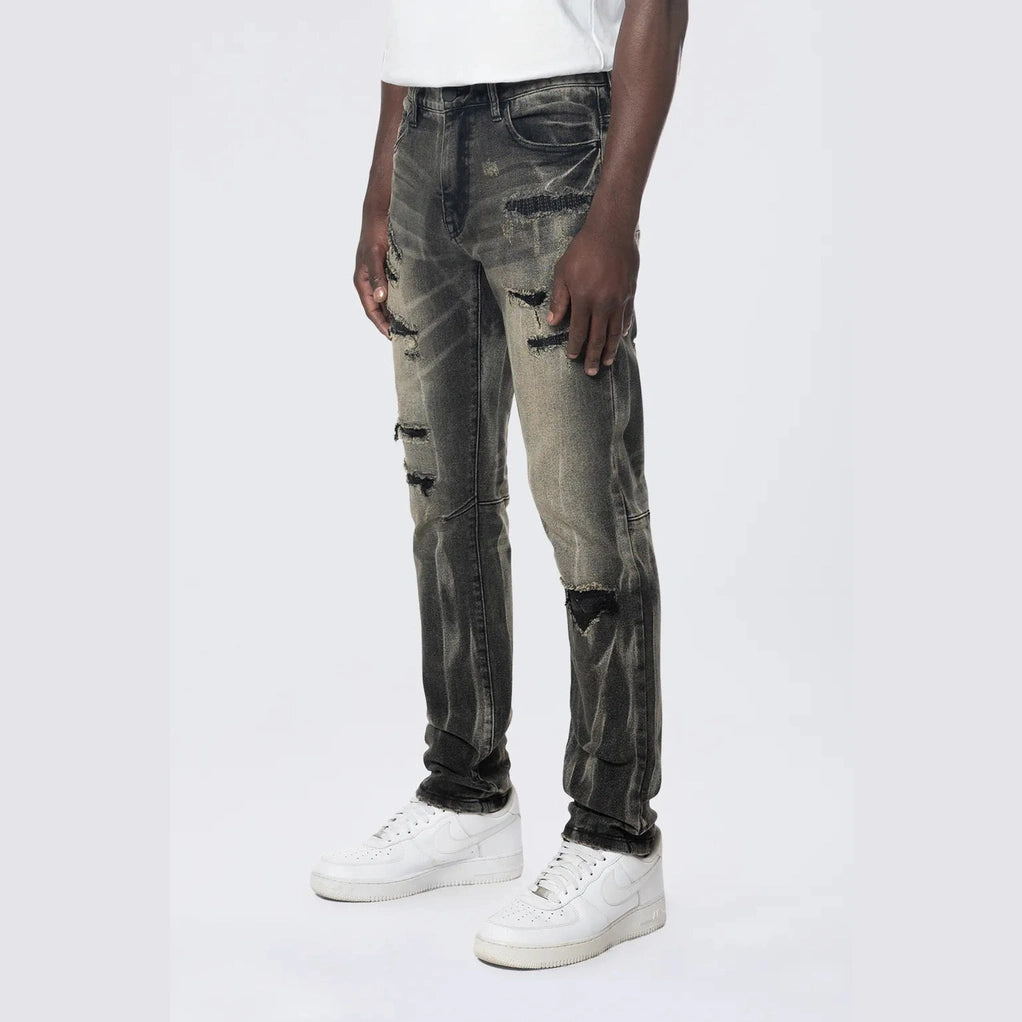 Smoke Rise Slim Rip & Repair Vertical Lightning Effect Jeans - Black Dust