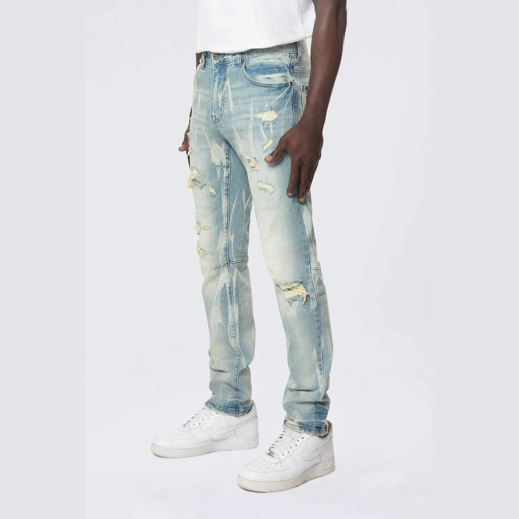 Smoke Rise Slim Rip & Repair Vertical Lightning Effect Jeans - Seymour Blue