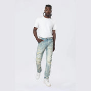 Smoke Rise Slim Rip & Repair Vertical Lightning Effect Jeans - Seymour Blue